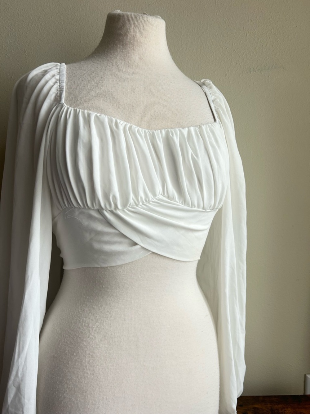 White Ruched Wrap Bodice Long Sleeve Crop Top